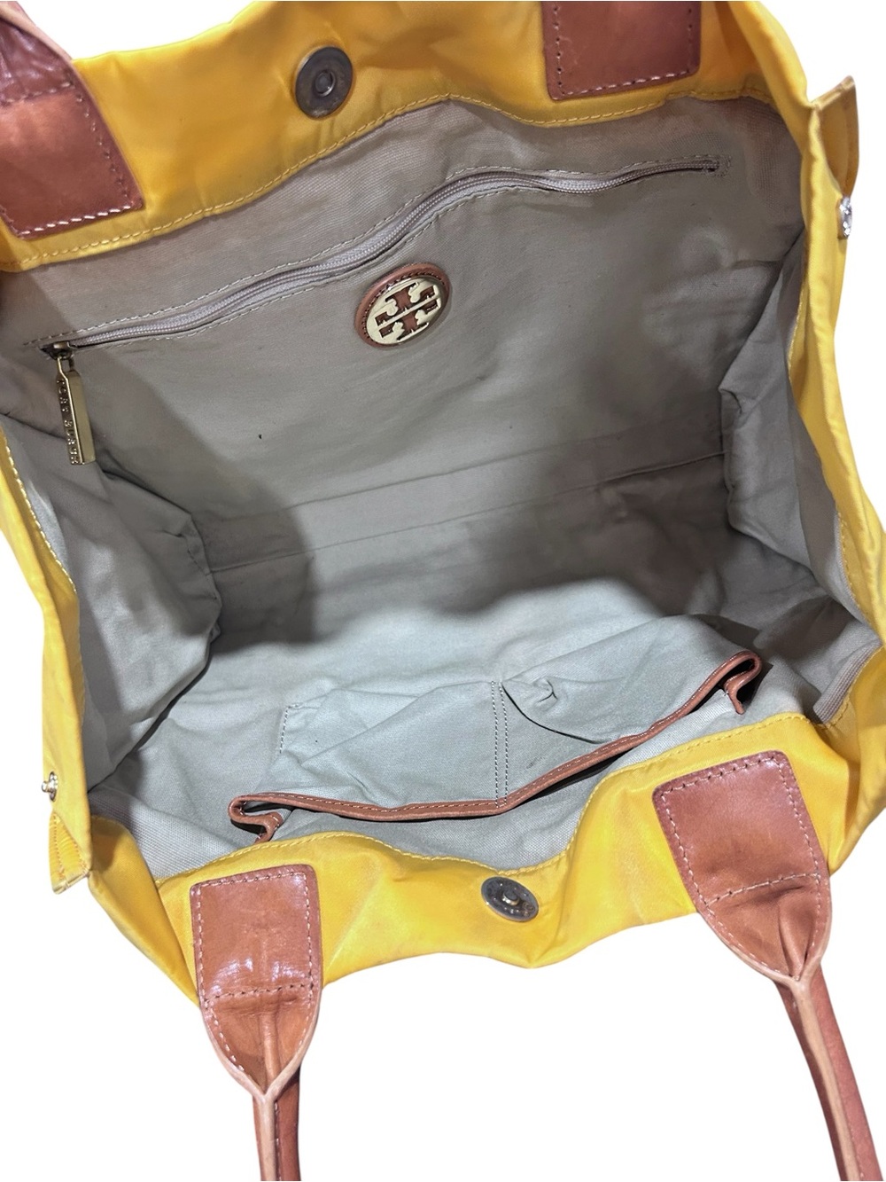 Tory Burch Ella Yellow Nylon Tote with Brown Leather Trim and Logo - Picture 8 of 8